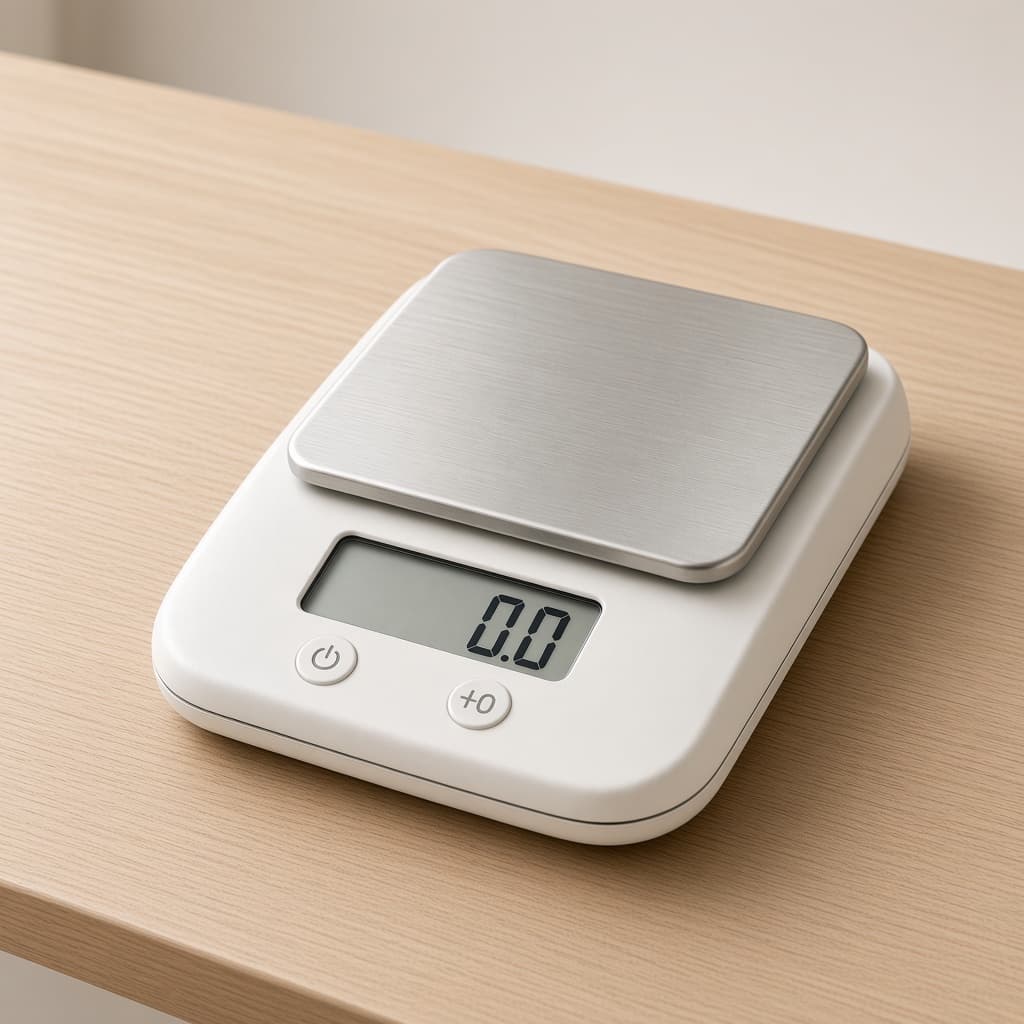 Digital kitchen scale with a stainless platform and a display reading 0.0. Sample catalogue photograph, not a photograph of verified stock.