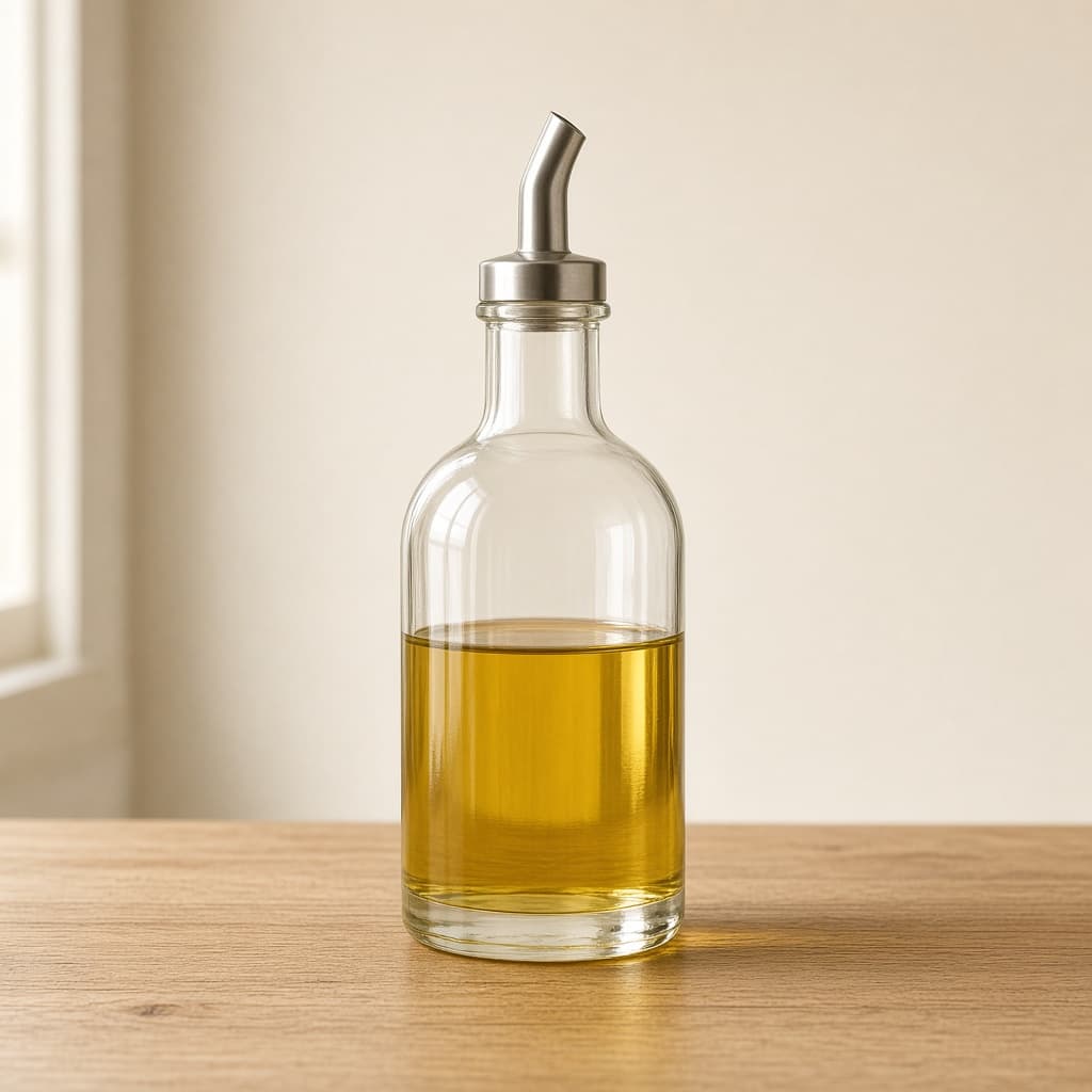 Clear glass oil dispenser with a metal pour spout, partly filled with oil. Sample catalogue photograph, not a photograph of verified stock.