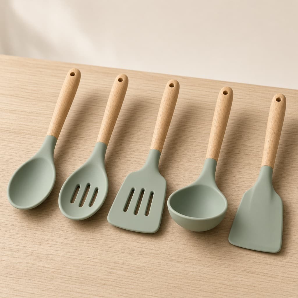 Sage silicone spoon, slotted spoon, slotted turner, ladle and spatula with wooden handles. Sample catalogue photograph, not a photograph of verified stock.
